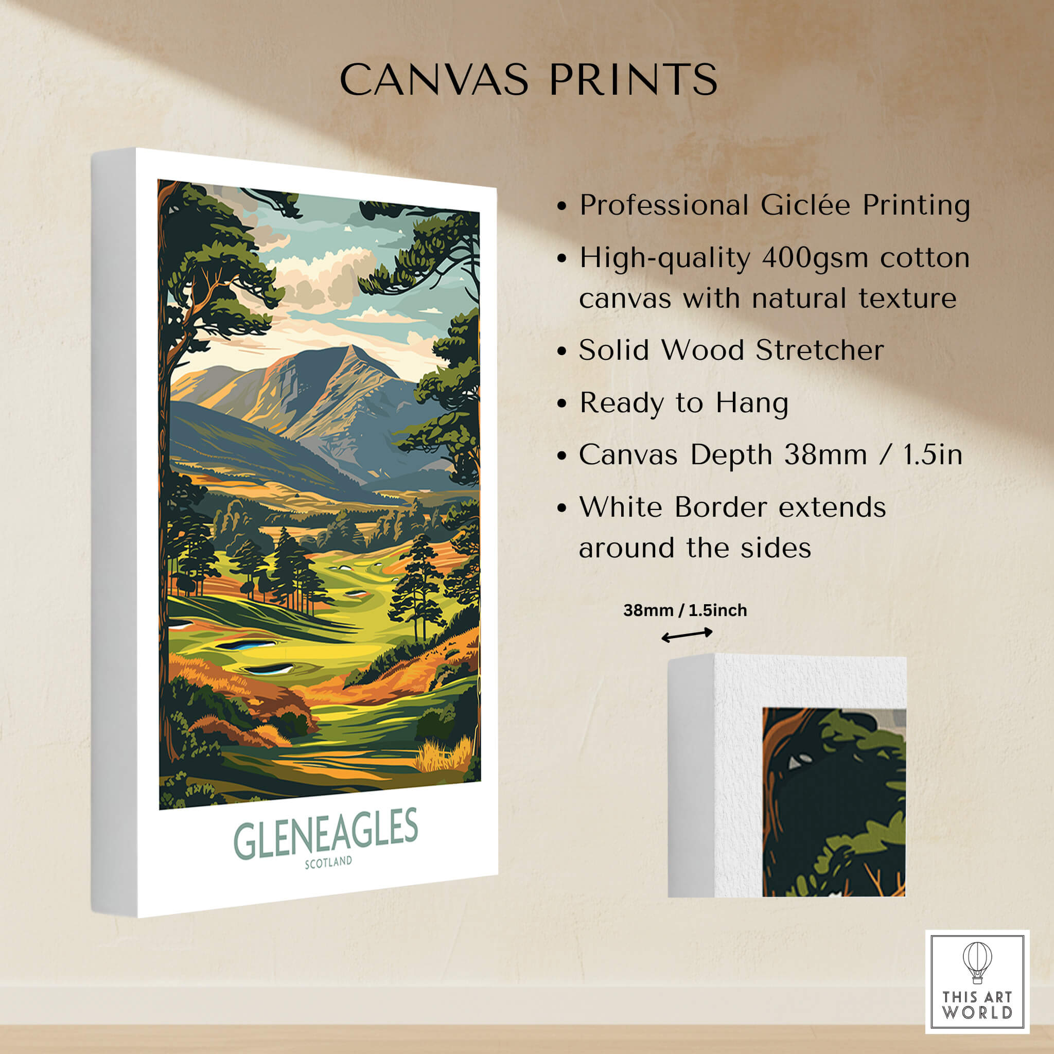 Gleneagles Scotland Wall Art featuring vibrant greens and scenic landscape, professionally printed and ready to hang.