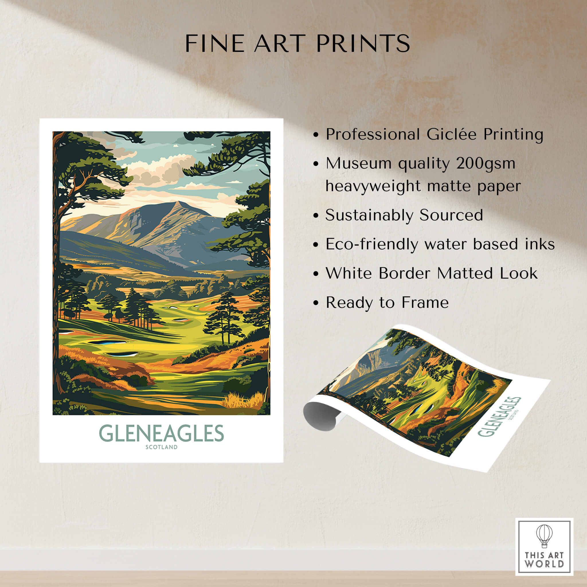 Gleneagles Scotland Wall Art showcasing a vibrant landscape of Gleneagles with professional Giclée printing and eco-friendly materials.