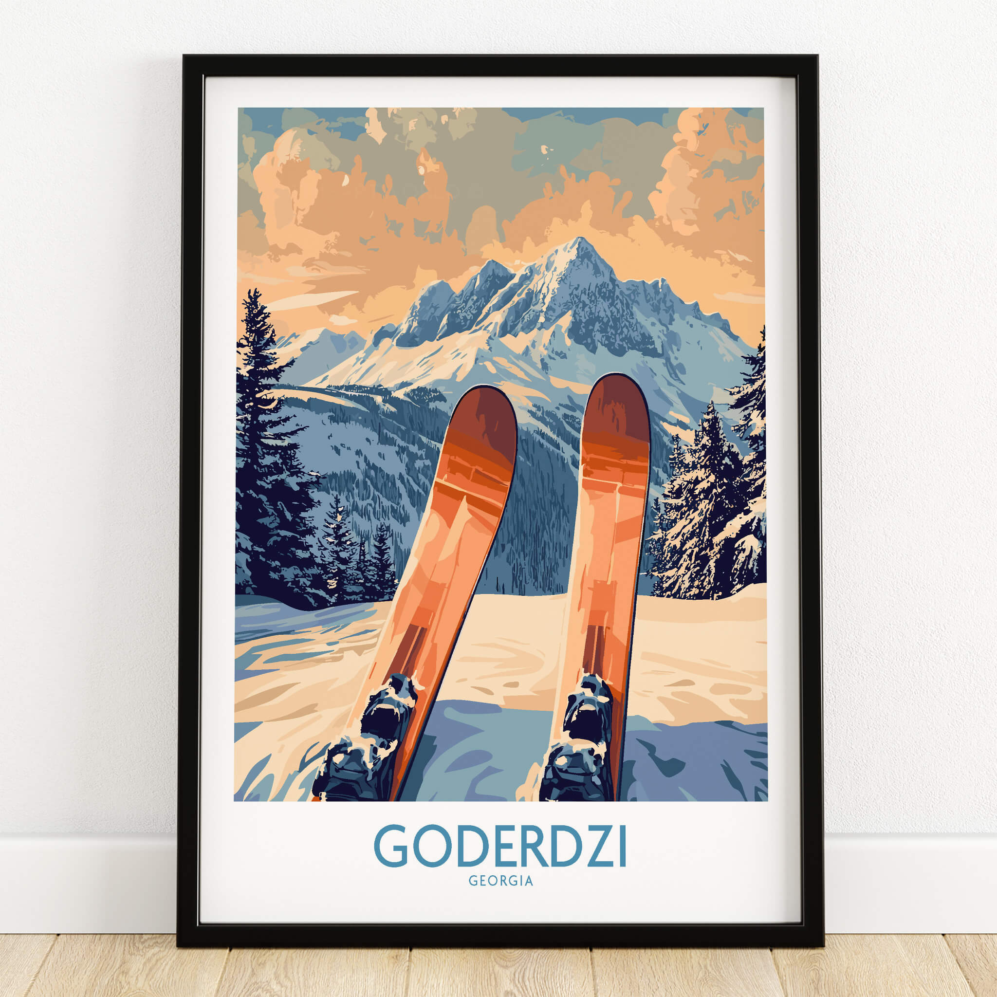 Goderdzi Ski Poster showcasing skis in front of a stunning mountain landscape at Goderdzi Ski Resort, Georgia.