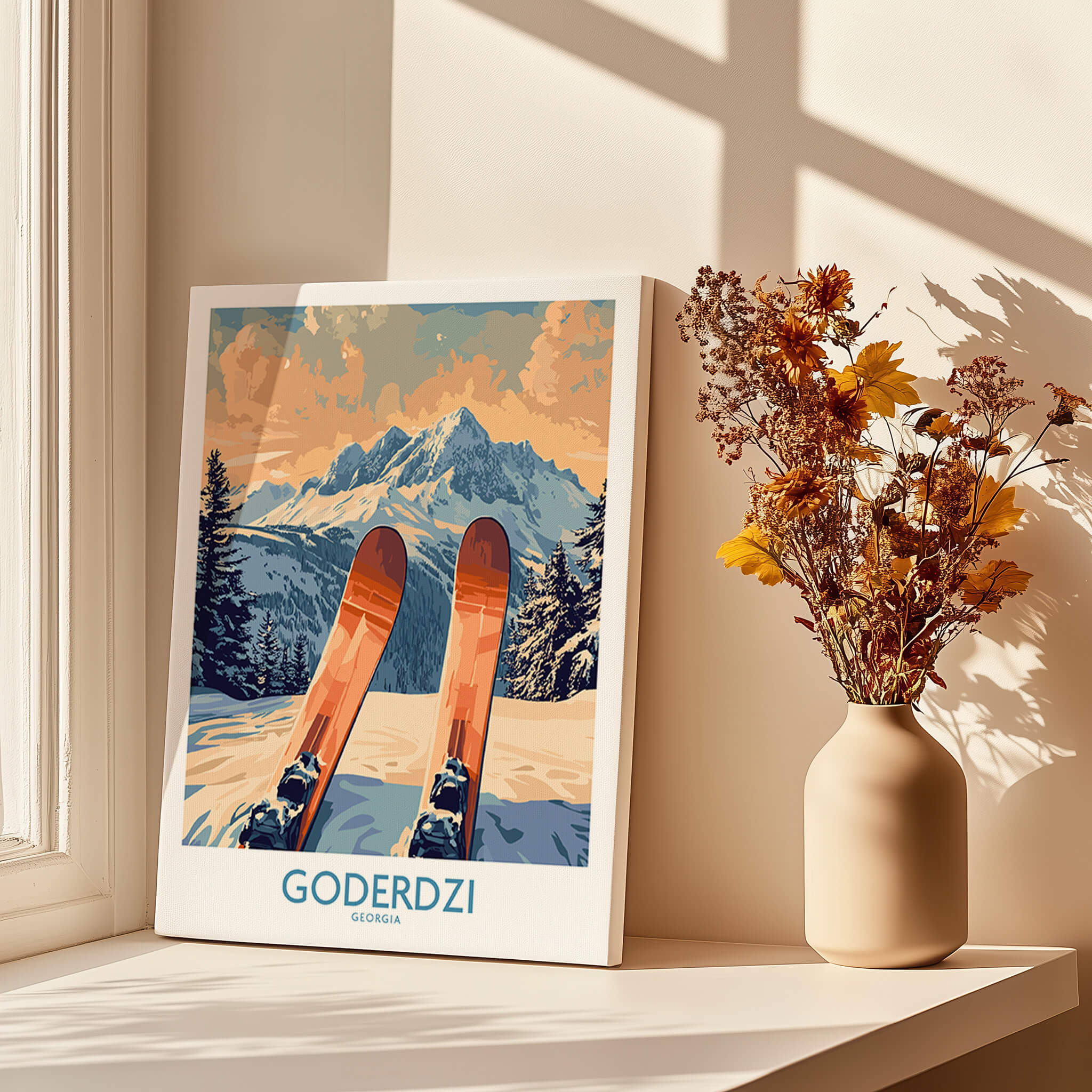Goderdzi Ski Poster showcasing ski slopes and mountains in Georgia, perfect for ski lovers and home decor.