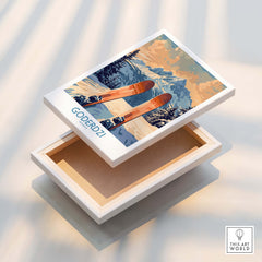 Goderdzi Ski Poster featuring stunning skiing scenery and wooden skis in a decorative box.
