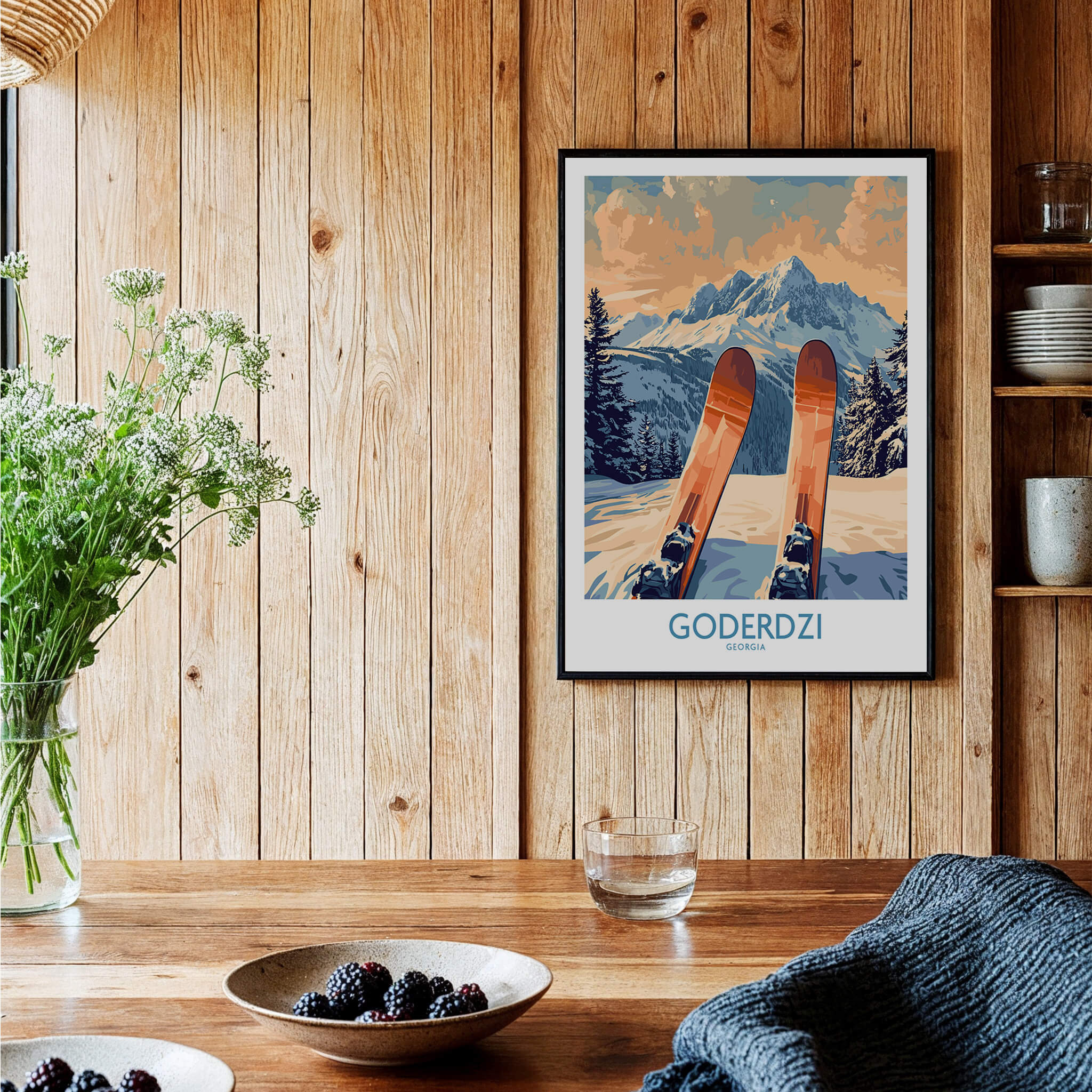 Goderdzi Ski Poster featuring skis and stunning mountain landscape in a cozy home setting.