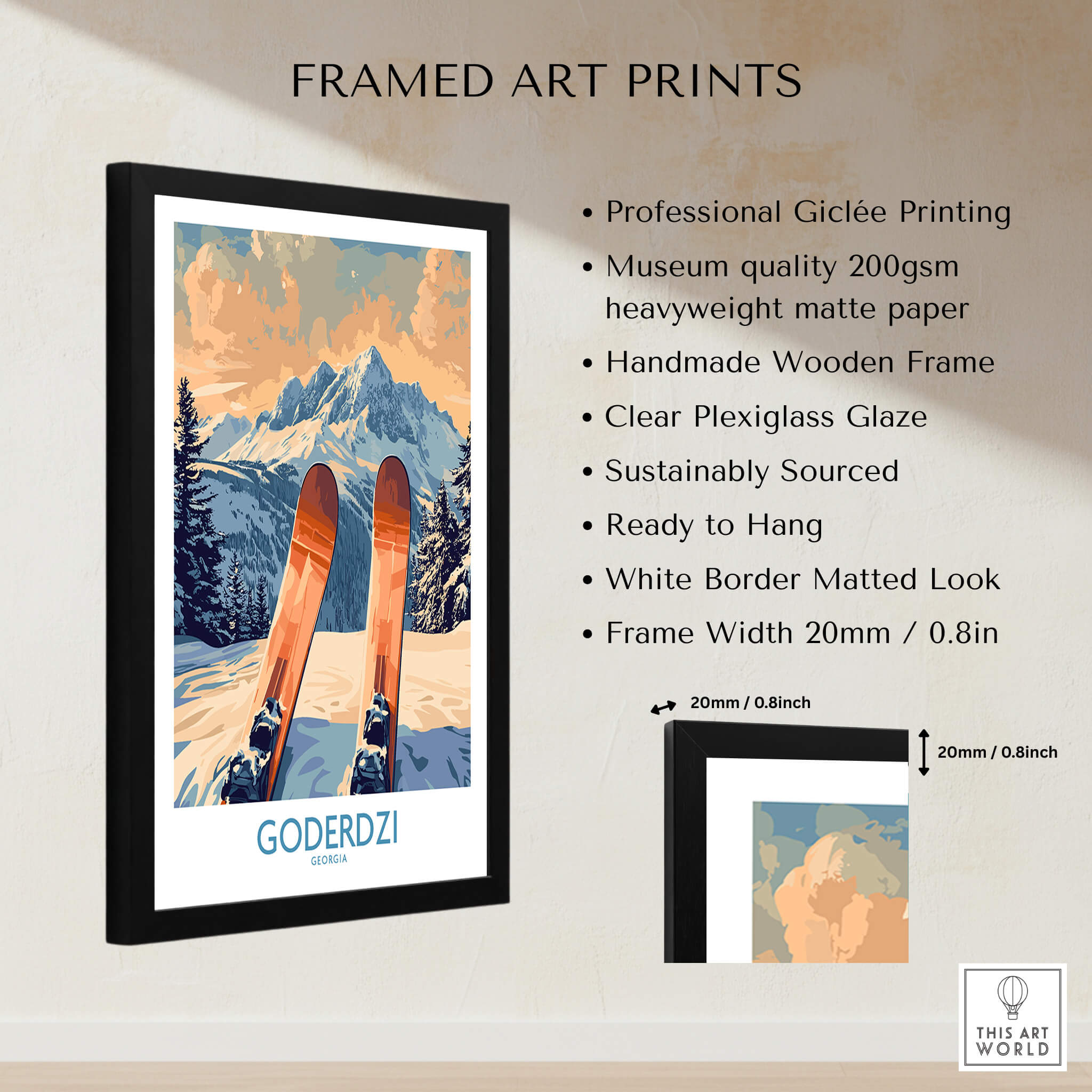 Goderdzi Ski Poster framed art print showcasing beautiful skiing landscape and wooden frame.