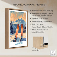 Goderdzi Ski Poster framed print showcasing vibrant skiing scenery with wooden frame and high-quality giclée printing.