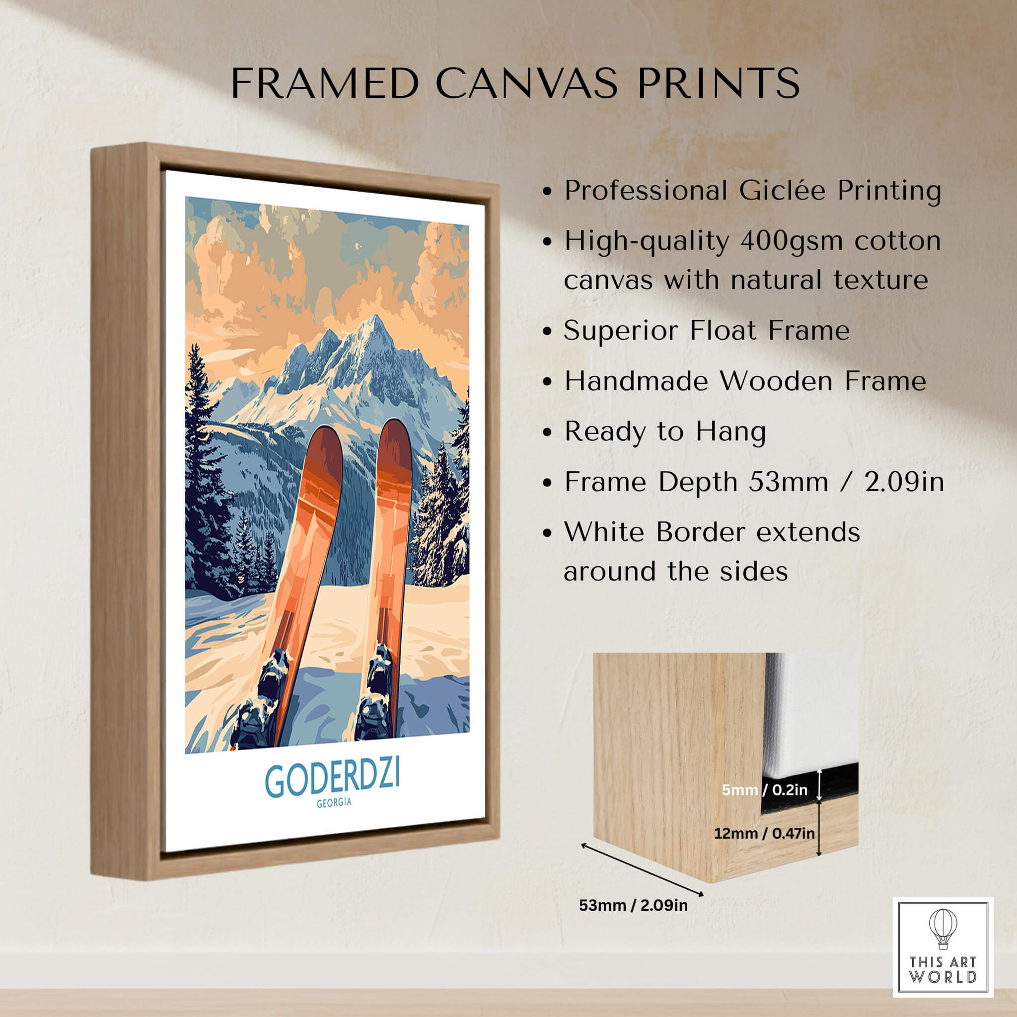 Goderdzi Ski Poster framed print showcasing vibrant skiing scenery with wooden frame and high-quality giclée printing.