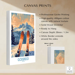 Goderdzi Ski Poster showcasing skis and mountains in vibrant colors, perfect for home decor.