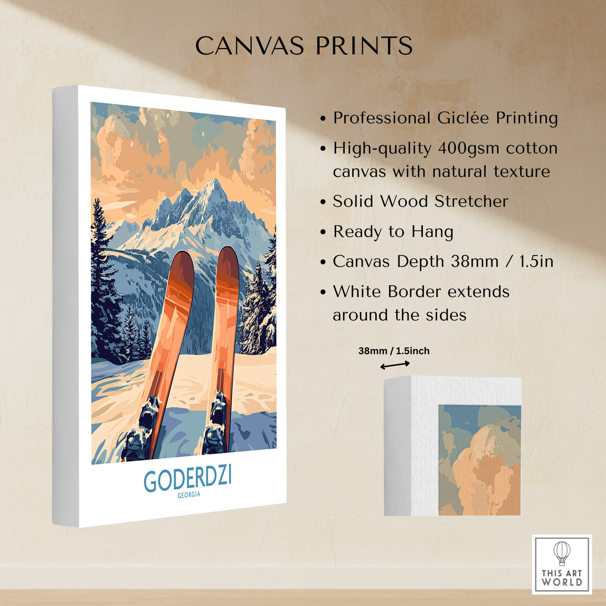 Goderdzi Ski Poster showcasing skis and mountains in vibrant colors, perfect for home decor.