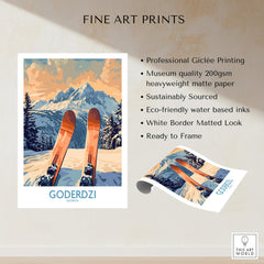 Goderdzi Ski Poster showcasing ski equipment and beautiful mountainous landscape in Georgia, perfect for home decor.