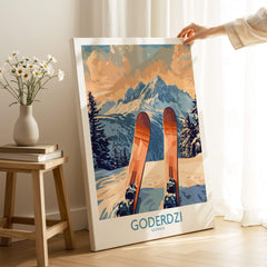 Goderdzi Ski Poster showcasing vibrant ski equipment and beautiful mountain scenery in Georgia.