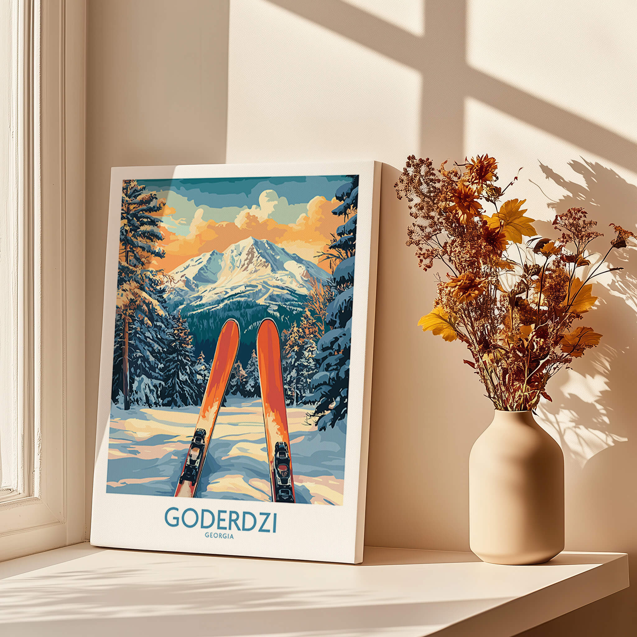 Goderdzi Ski Wall Art Poster Georgia showcasing vibrant mountain scenery and ski equipment in a cozy home setting.