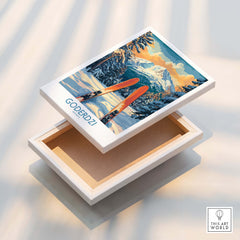 Goderdzi Ski Wall Art Poster Georgia displayed on a stylish box, showcasing snowy mountain landscape and vibrant skis.