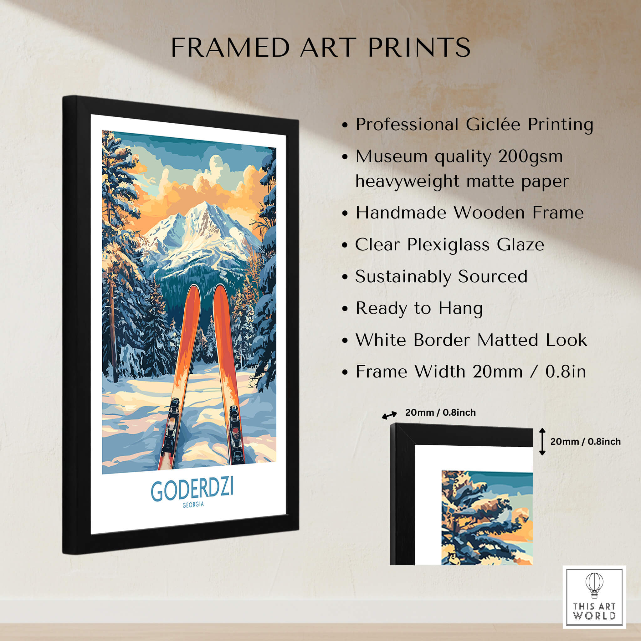 Goderdzi Ski Wall Art Poster Georgia framed art print showcasing vibrant colors and ski-themed design.