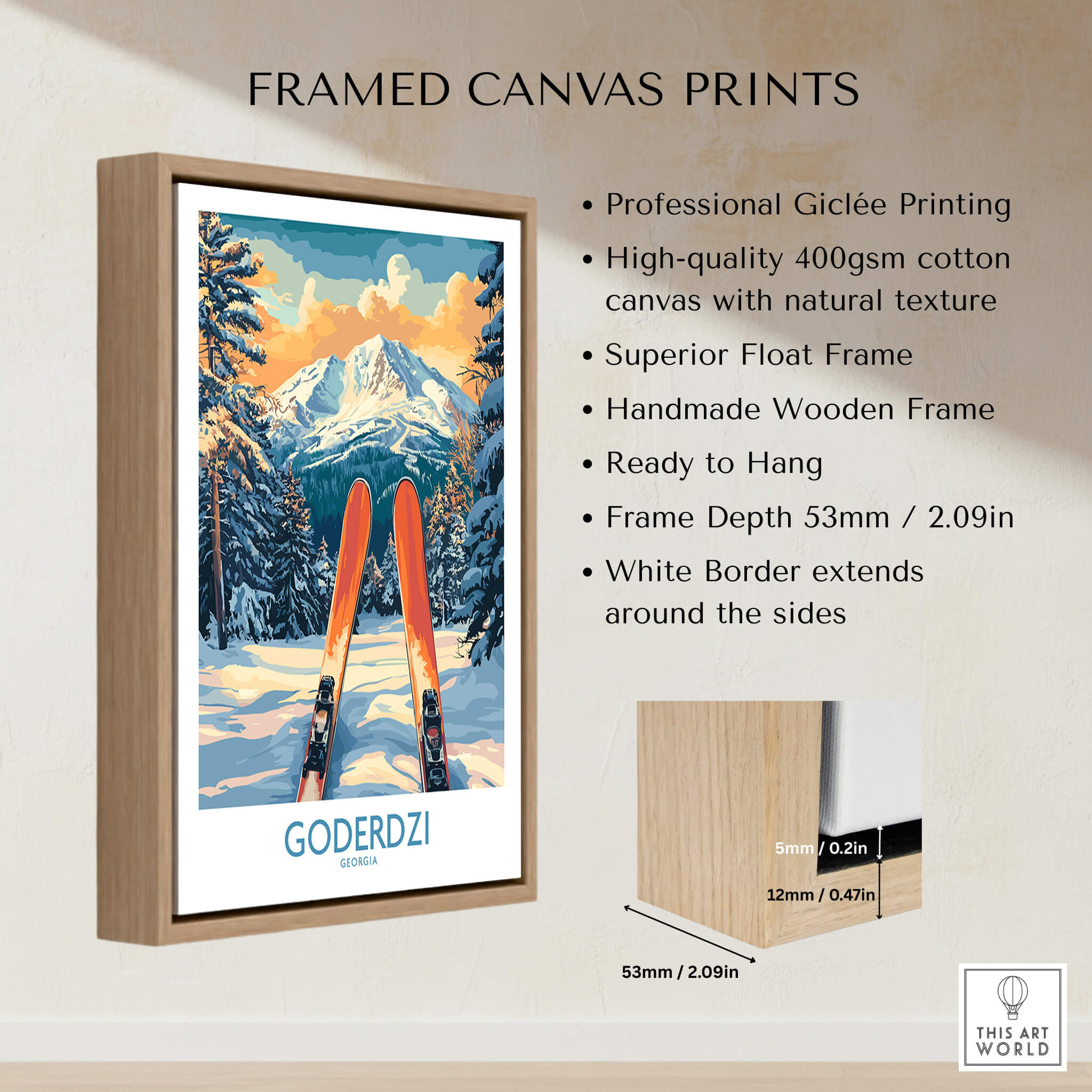 Goderdzi Ski Wall Art Poster Georgia framed canvas print featuring snowy slopes and vibrant colors.