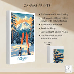 Goderdzi Ski Wall Art Poster Georgia showcasing a beautiful mountain landscape and skis on a canvas print.