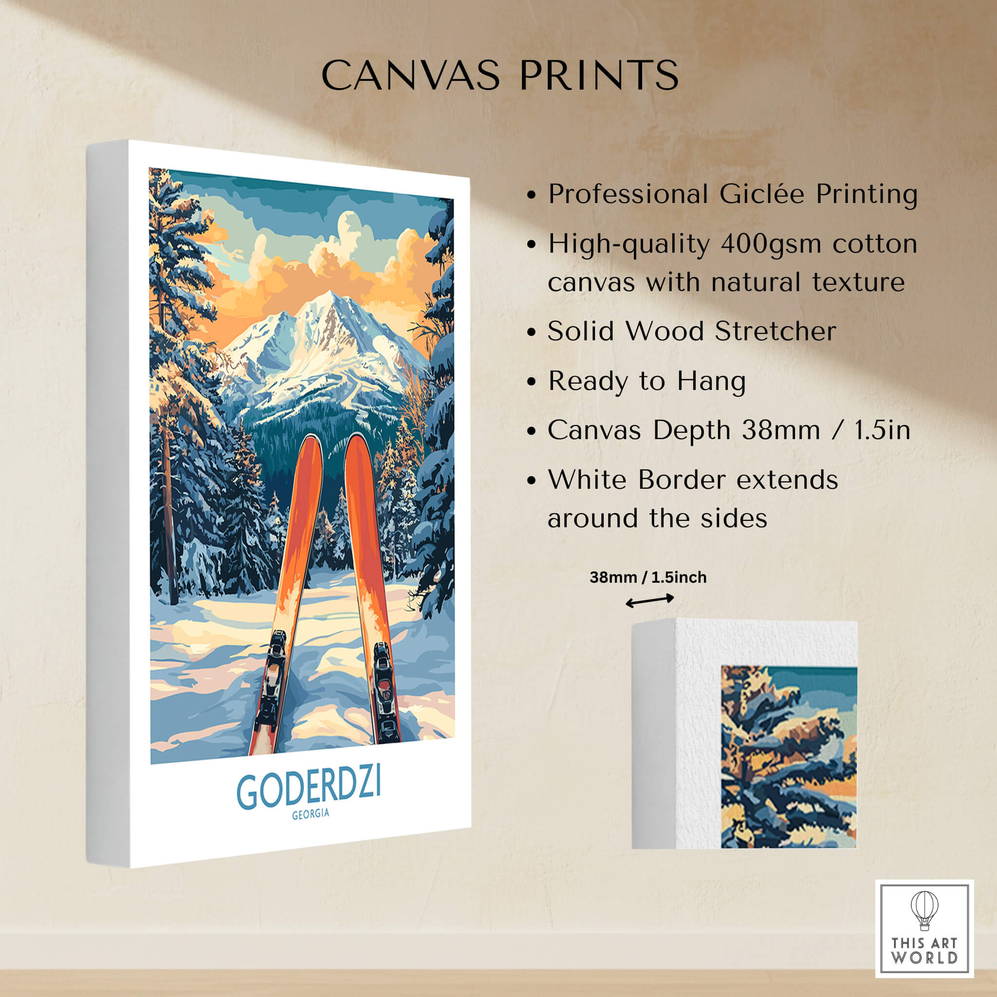 Goderdzi Ski Wall Art Poster Georgia showcasing a beautiful mountain landscape and skis on a canvas print.