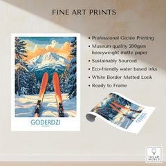 Goderdzi Ski Wall Art Poster Georgia showcasing ski equipment in a stunning mountain landscape.