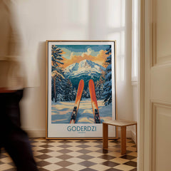 Goderdzi Ski Wall Art Poster Georgia displayed in a stylish interior with wooden accents and snowy mountain scenery.