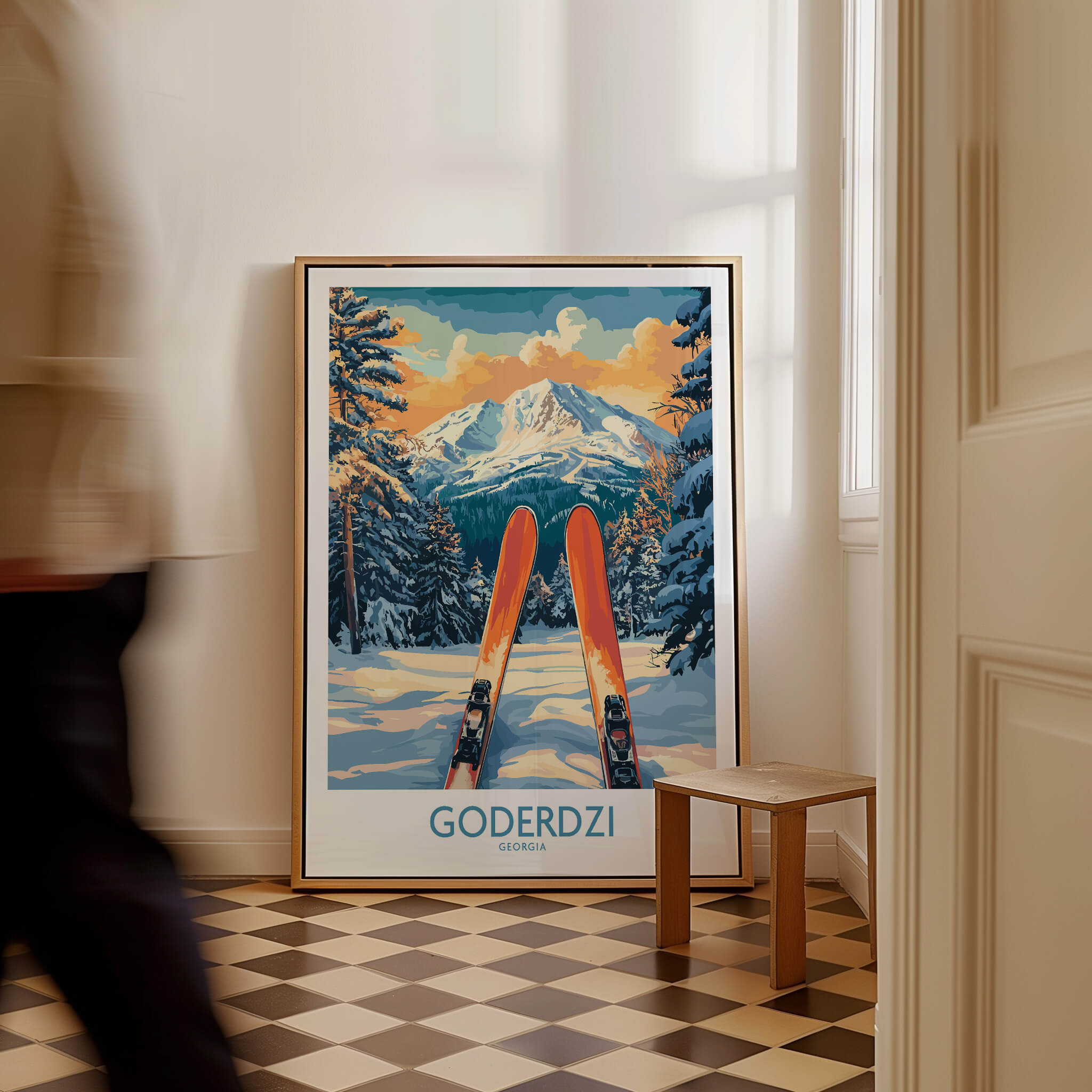 Goderdzi Ski Wall Art Poster Georgia displayed in a stylish interior with wooden accents and snowy mountain scenery.