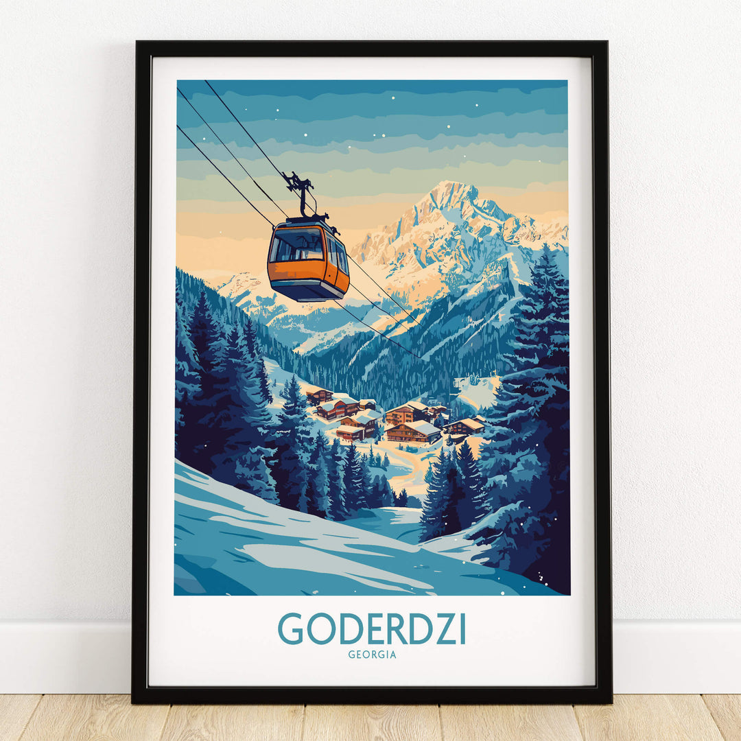 Goderdzi Poster Georgia showcasing a ski resort with a gondola in front of snow-capped mountains.