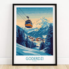 Goderdzi Poster Georgia showcasing a ski resort with a gondola in front of snow-capped mountains.