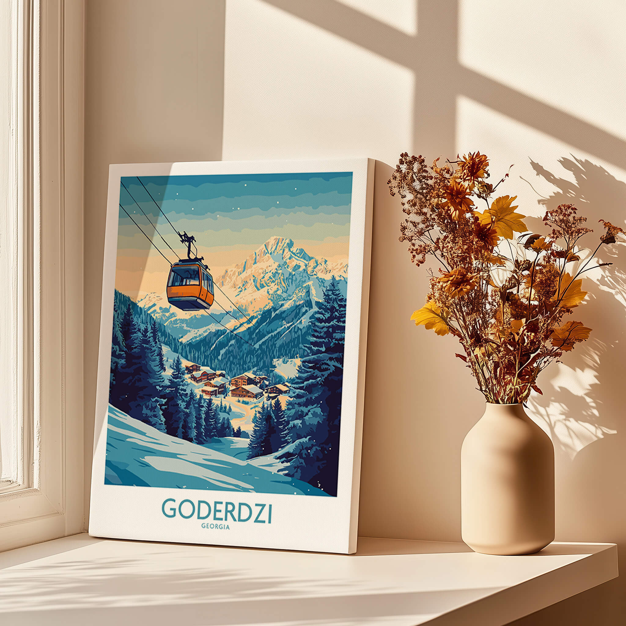 Goderdzi Poster Georgia featuring a ski resort with a cable car and mountain views, perfect for travel enthusiasts.