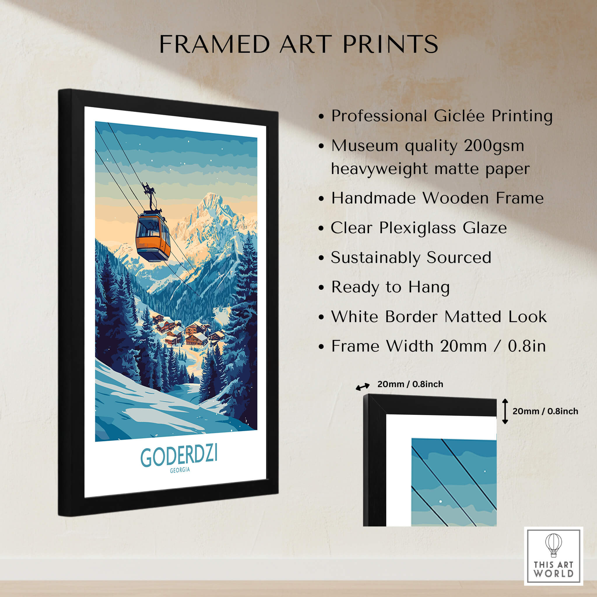 Goderdzi Poster Georgia framed art print featuring a ski gondola in the mountains.