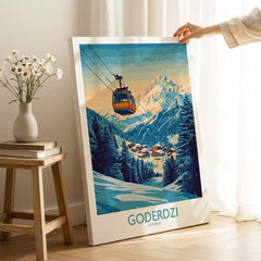 Goderdzi Poster Georgia showcasing skiing views with a gondola in front of mountains and a ski resort.