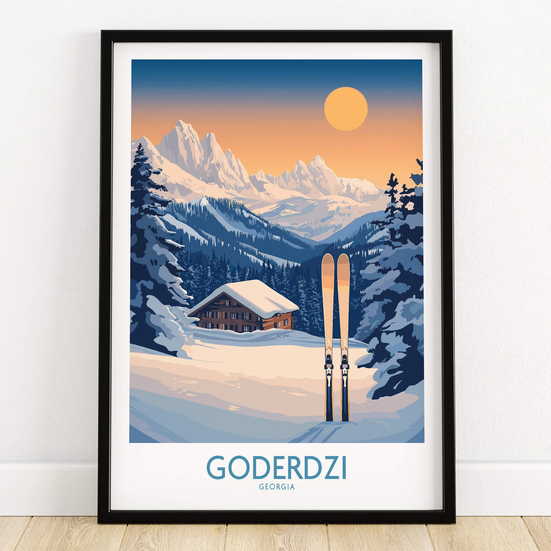 Ski Poster Goderdzi Georgia featuring a cabin and mountain landscape in winter.