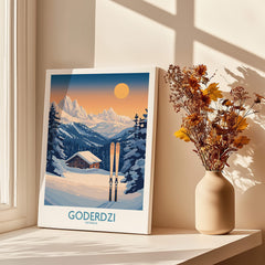 Ski Poster Goderdzi Georgia featuring mountains and skis, perfect for winter sports enthusiasts and home decor.