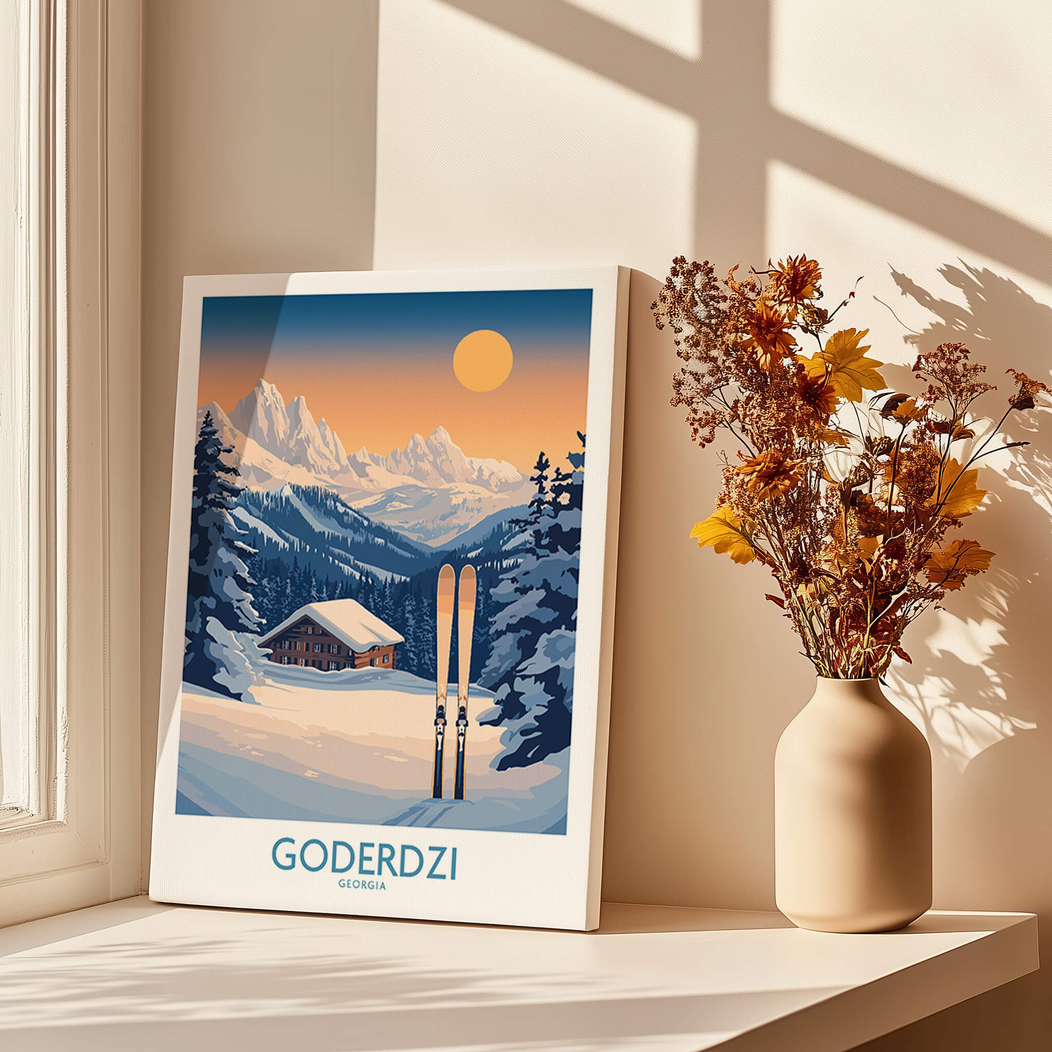 Ski Poster Goderdzi Georgia featuring mountains and skis, perfect for winter sports enthusiasts and home decor.