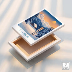 Ski Poster Goderdzi Georgia with mountain landscape and ski equipment design on a wooden box.
