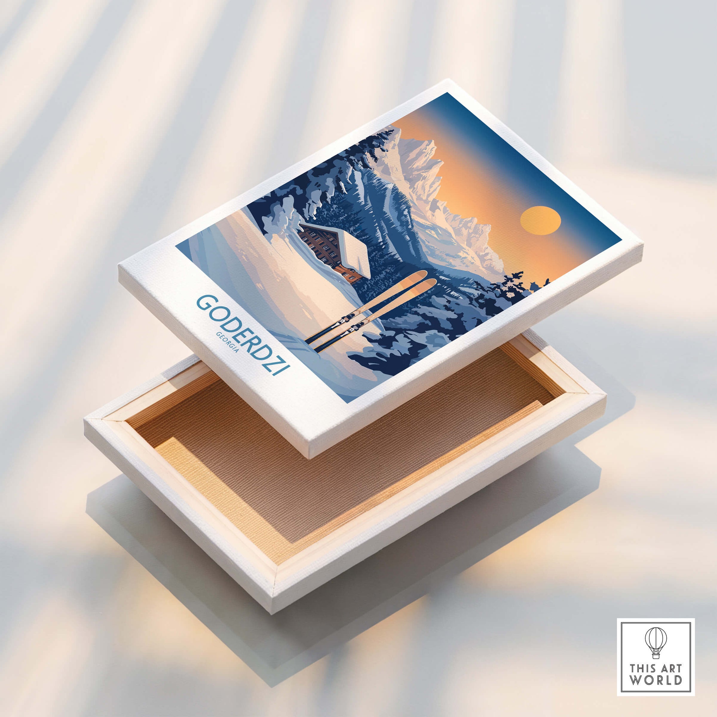 Ski Poster Goderdzi Georgia with mountain landscape and ski equipment design on a wooden box.