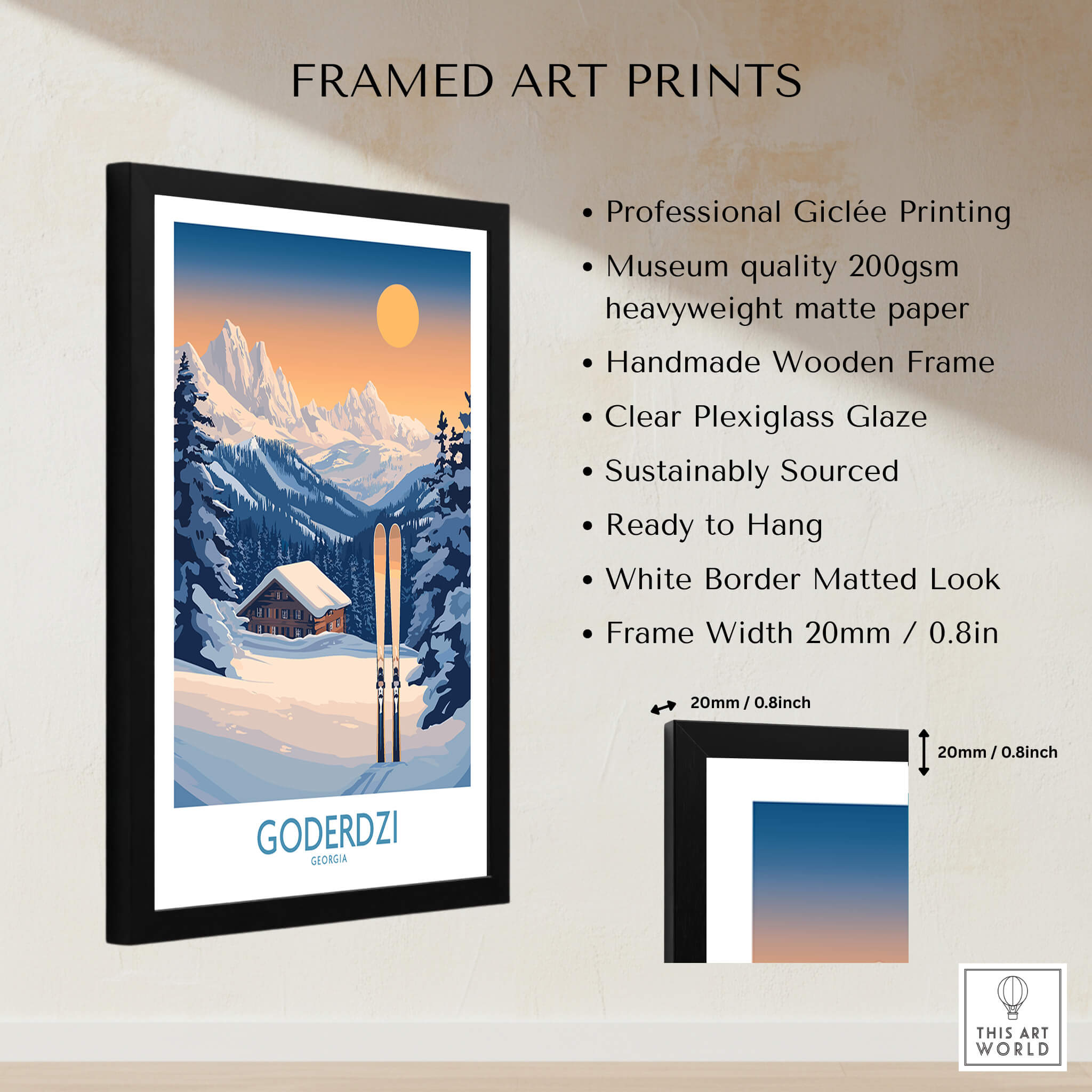 Ski Poster Goderdzi Georgia framed art print featuring stunning mountain views and skis.