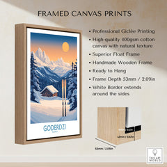 Ski Poster Goderdzi Georgia framed canvas print showcasing picturesque mountain scenery and ski equipment.