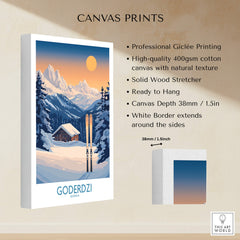 Ski Poster Goderdzi Georgia displayed on a wall, featuring snowy mountains and ski equipment.