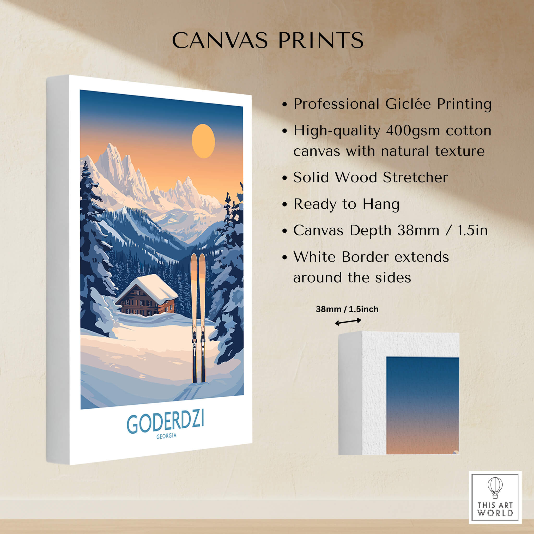 Ski Poster Goderdzi Georgia displayed on a wall, featuring snowy mountains and ski equipment.