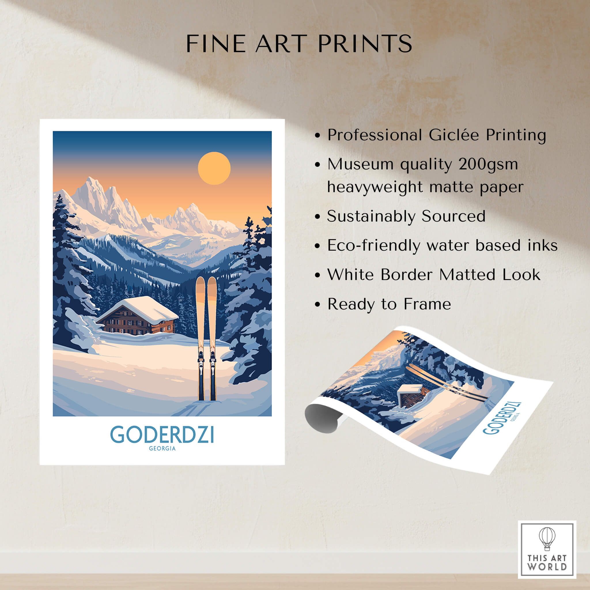 Ski Poster Goderdzi Georgia showcasing mountains and skis in a beautiful landscape, perfect for home decor.
