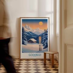 Ski Poster Goderdzi Georgia showcasing a picturesque mountain scene with skis, perfect for ski enthusiasts.