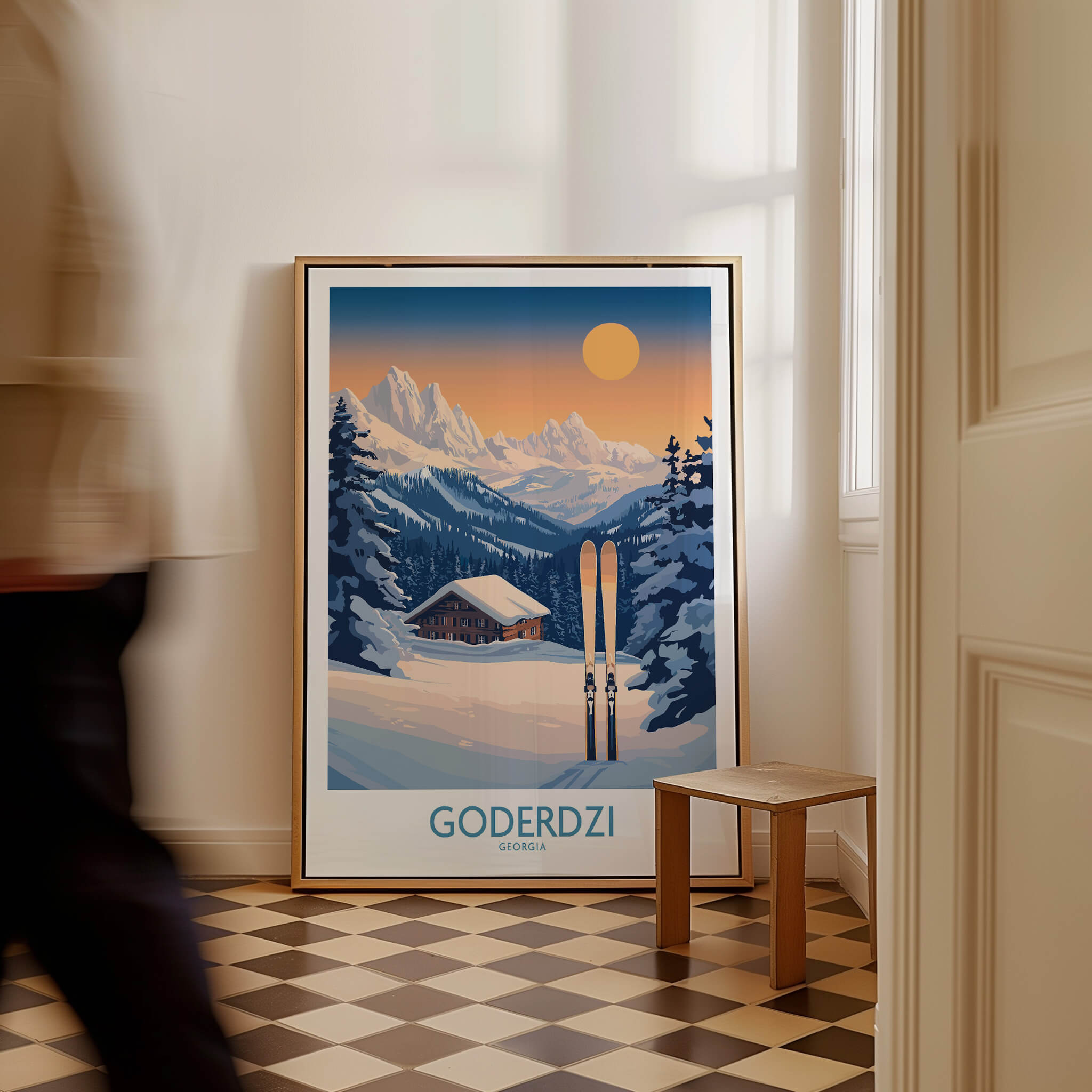 Ski Poster Goderdzi Georgia showcasing a picturesque mountain scene with skis, perfect for ski enthusiasts.
