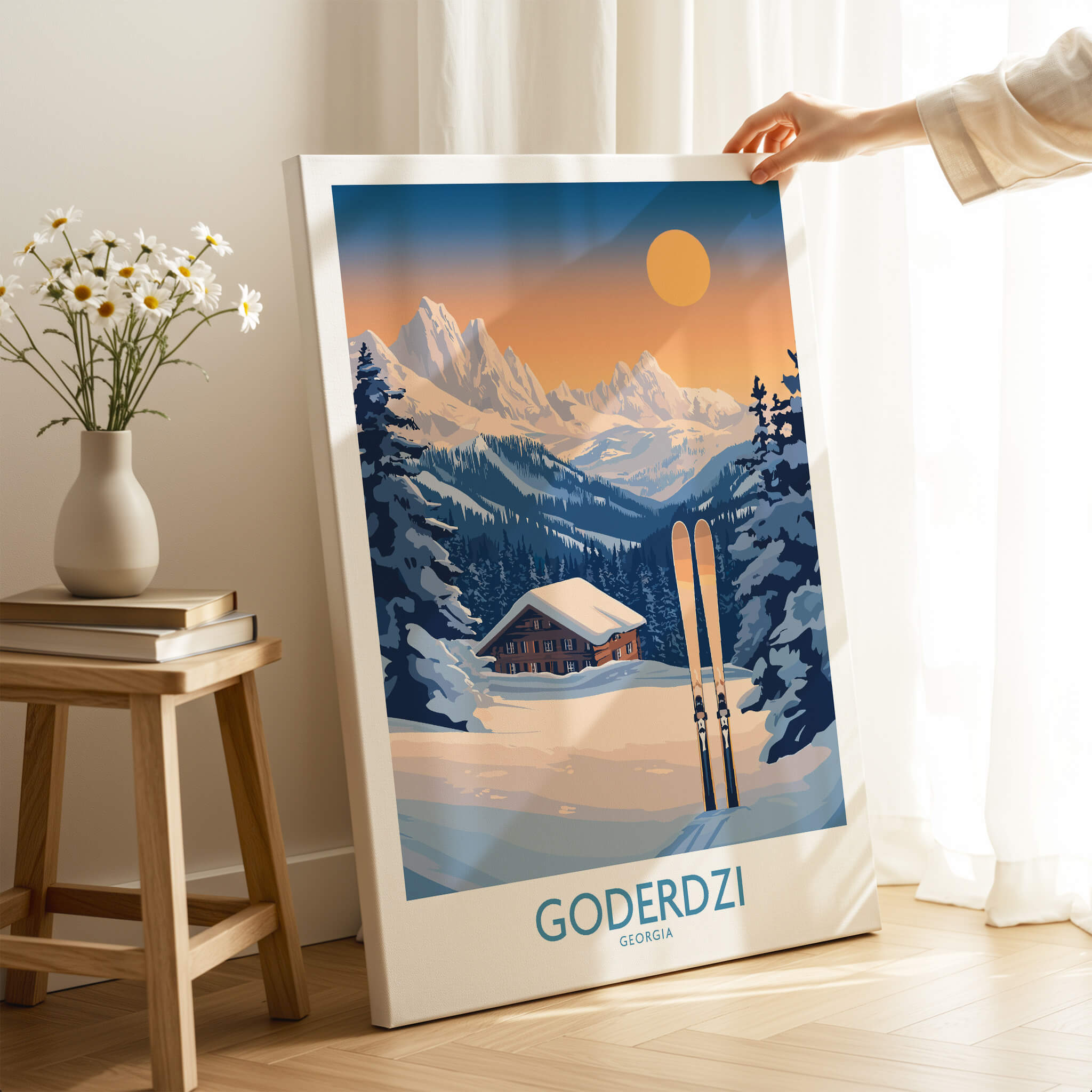 Ski Poster Goderdzi Georgia showcasing scenic mountain views and ski equipment in a cozy setting.