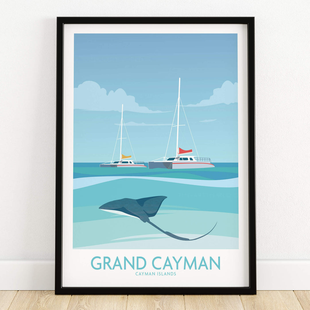 Grand Cayman Art Print Poster featuring stingrays and sailboats in a serene Caribbean seascape.