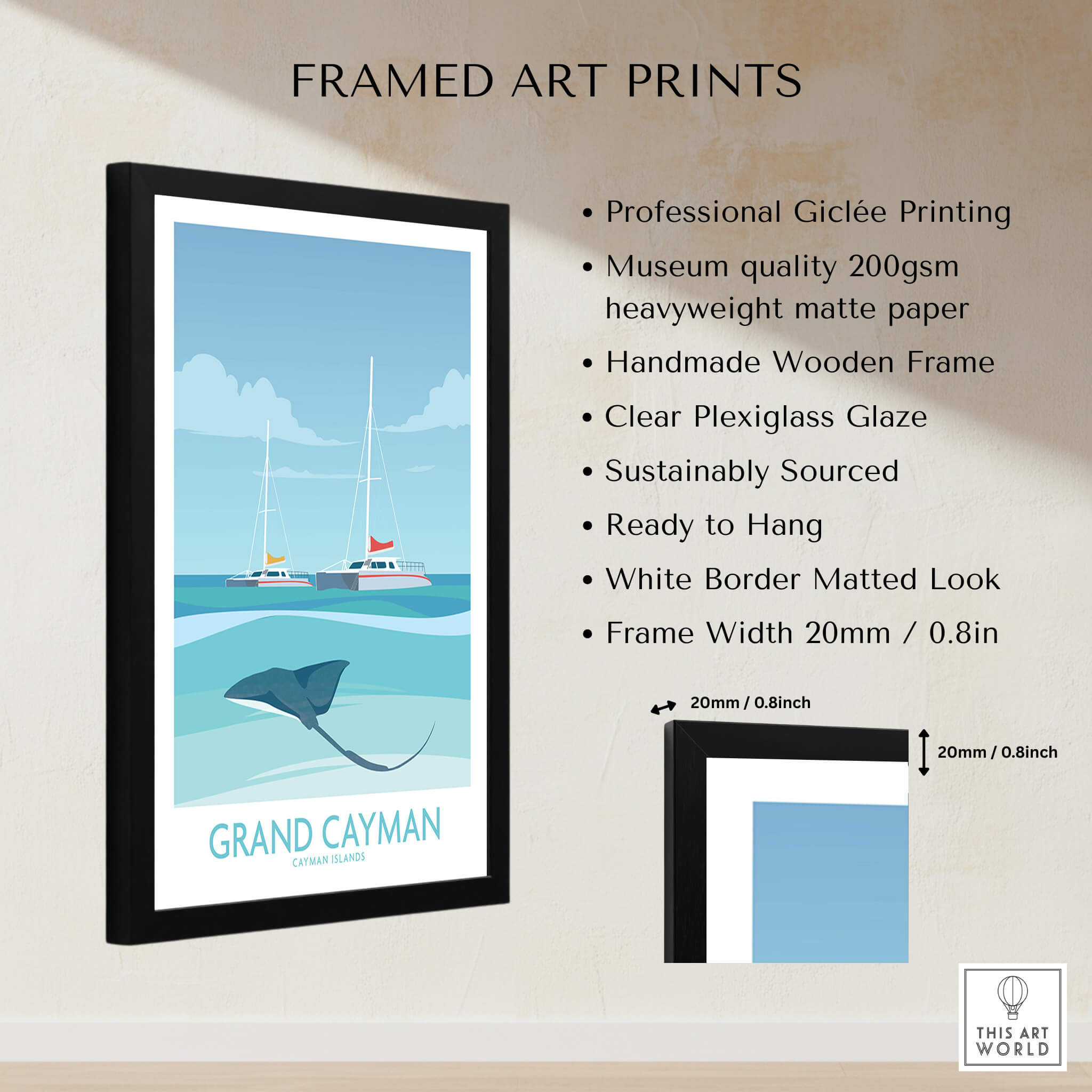 Framed Grand Cayman Art Print Poster showcasing stingrays and sailboats, perfect for ocean lovers and home decor.