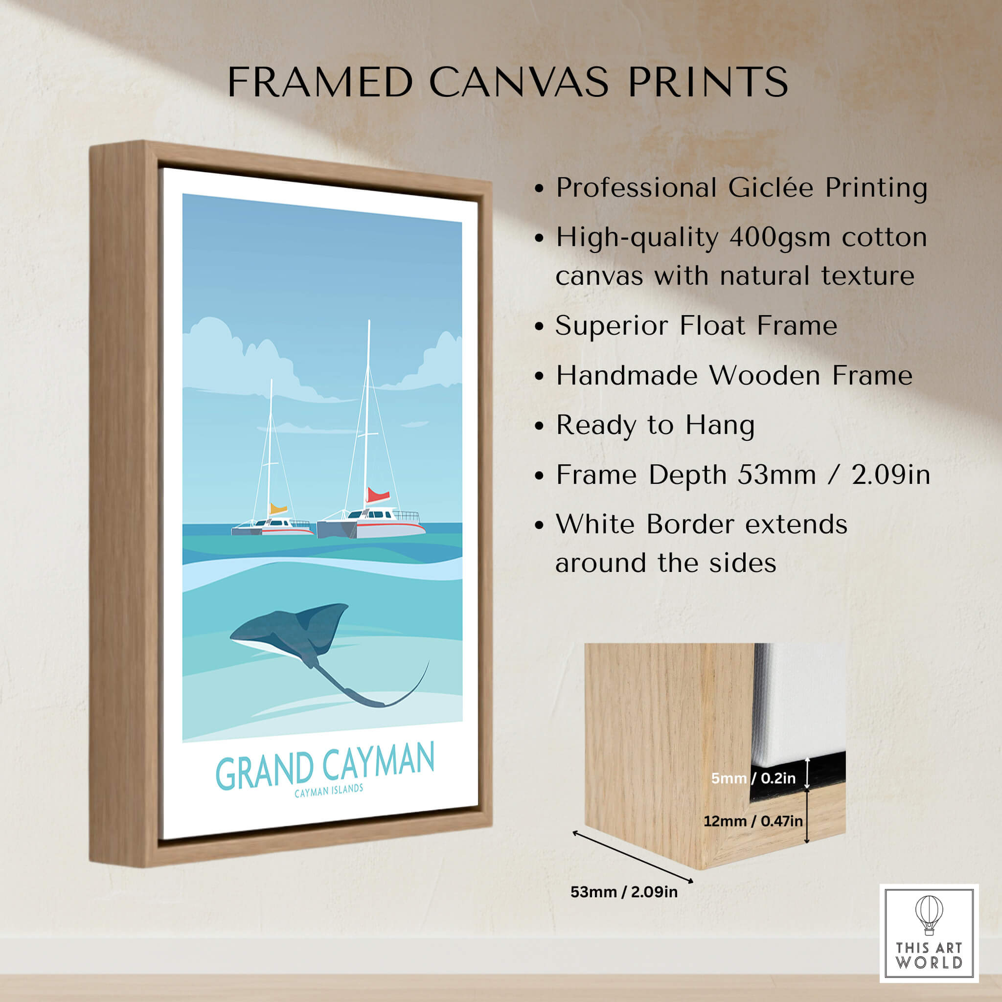 Grand Cayman Art Print Poster framed canvas print showcasing marine life and vibrant colors of the Caribbean.