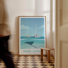 Grand Cayman Art Print Poster featuring stingrays and sailboats in a serene coastal backdrop.