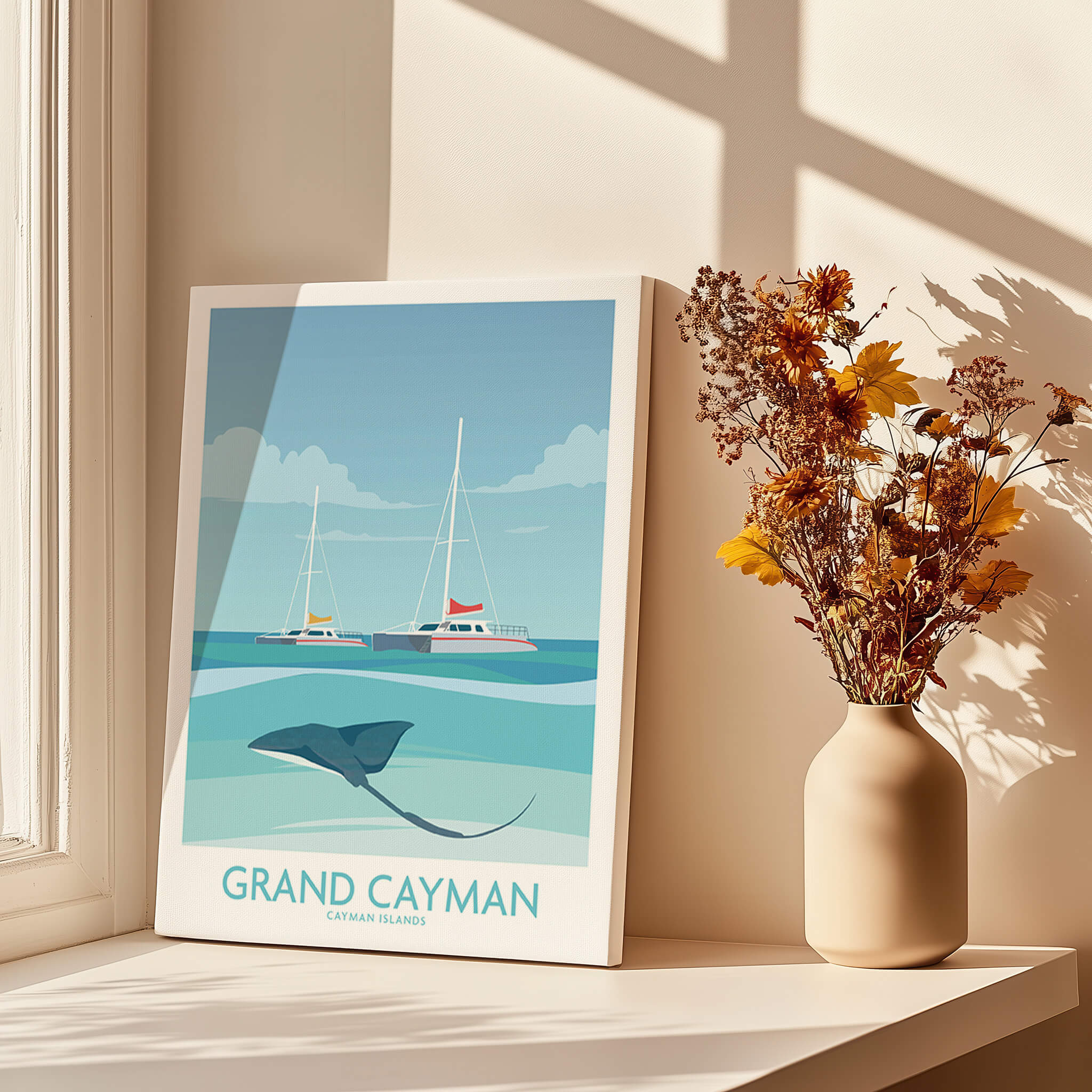 Grand Cayman Art Print Poster featuring stingrays and sailboats in a serene tropical setting.