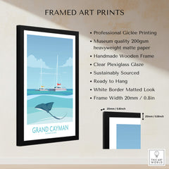 Grand Cayman Art Print Poster in a framed design showcasing stingrays and sailboats in a serene Caribbean setting.