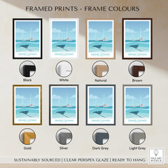Grand Cayman Art Print Poster framed in various colors including black, white, natural, brown, gold, silver, dark grey, and light grey.