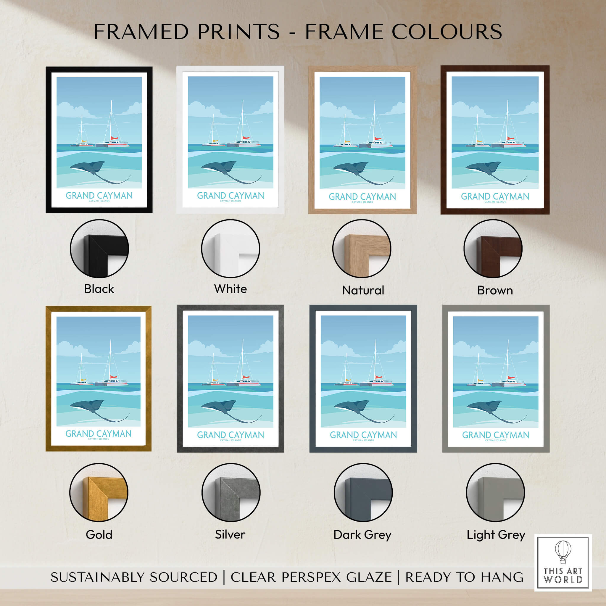 Grand Cayman Art Print Poster framed in various colors including black, white, natural, brown, gold, silver, dark grey, and light grey.