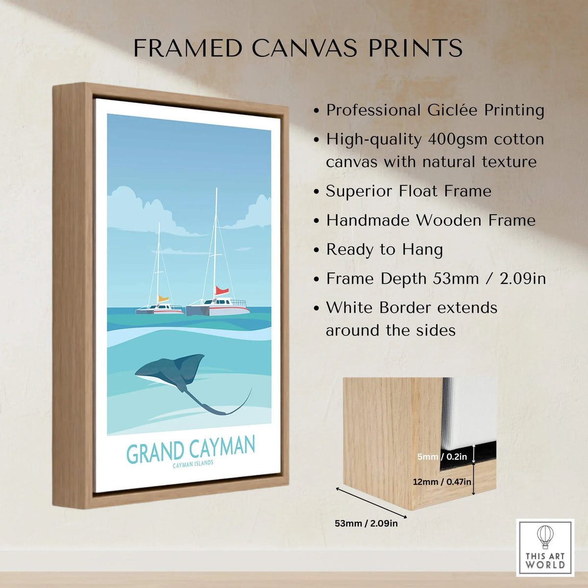 Grand Cayman Art Print Poster framed canvas print featuring stingrays and sailboats in a tropical scene.