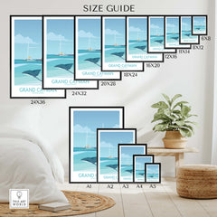 Grand Cayman Art Print Poster size guide showing various dimensions and options for home decor.